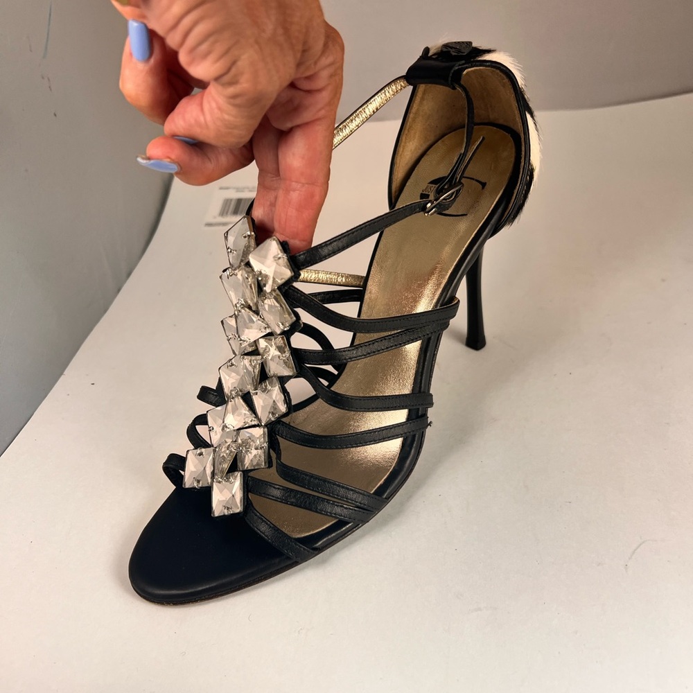 JUST CAVALLI Black Heels Zebra Straps Stiletto Crystal Sandals Glamorous Party 9